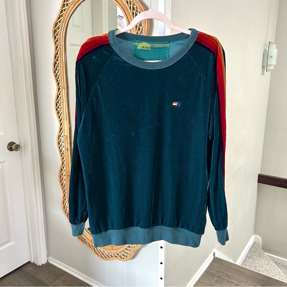 Aviator Nation / Emerald green Velvet Velour with Rainbow Stripes - Picture 4 of 9